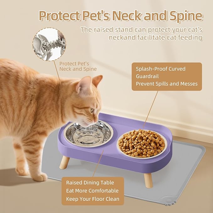 Elevated Cat Bowl with Food Mat, Raised Cat Food and Water Bowl Set for Indoor Cats, Splash Proof with 2 Stainless Steel Pet Food Bowls for Cat and Puppies,Whisker Fatigue and Dishwasher Safe (Purple)