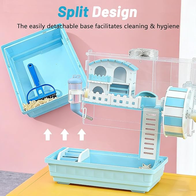 7-in-1 Acrylic Hamster Cage with All Accessories - Double Layer Hamster House with Transparent Viewing, Chew-Proof Small Pet Mice Enclosure Cage for Dwarf Syrian Gerbils, 14*11*10in (Blue)