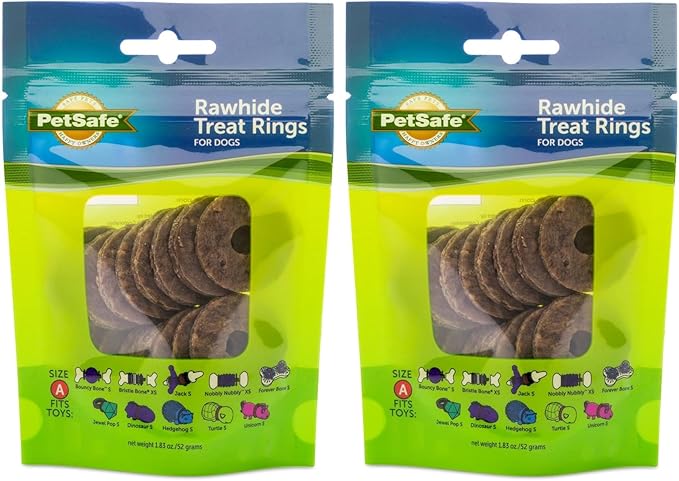 PetSafe Busy Buddy Natural Rawhide Rings - Keeps Dog Busy - Peanut Butter Flavored - Flavored Rawhide Treat Rings - Dogs Chew Toy Compatible - Three Resealable Bag,(Pack of 32)
