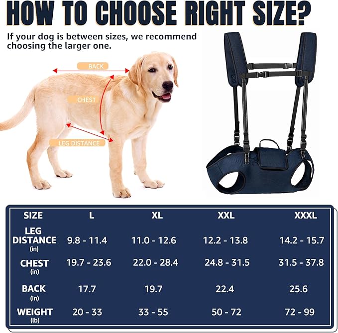Nasjac Dog Lift Harness for Large Dogs - Full Body Dog Sling Carrier with Adjustable Straps & Control Handle, Breathable Backpack for Elderly Injured Arthritic Disabled Medium Large Dogs, Navy XL