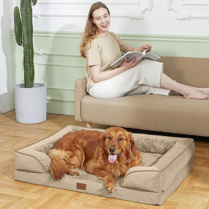Comfort Expression Orthopedic Dog Bed for Extra Large Dogs 48x30 Inch, Waterproof Egg Crate Foam XXL Pet Bed with Removable Bolsters, Dog Couch with Washable Cover & Non-Slip Bottom, Light Brown