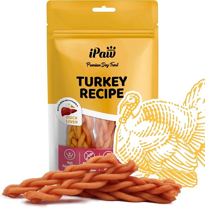 iPaw Turkey Dog Treats, All Natural Human Grade Dog Treat, Suitable for Training chew, Hypoallergenic, Rawhide Alternative, Braided Stick (Duck Liver)