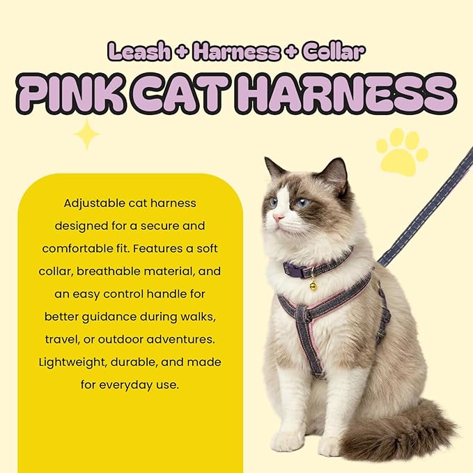 Adjustable Cat Harness, Leash and Collar Set for Medium Cats, Lightweight Breathable Walking Harness with Matching Leash and Bell Collar (Pink, Large)