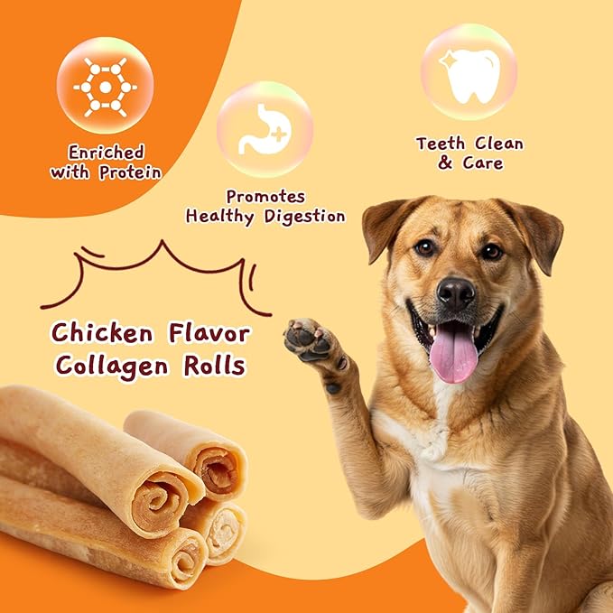 Jungle Calling Dog Treats, Collagen Rolls Dog Chew Treats, 7 Inch Long Lasting Rawhide Alternative Chicken Flavor Collagen Chews for Medium and Large Dogs, 18.3 oz (4 Counts) (Pack of 2)