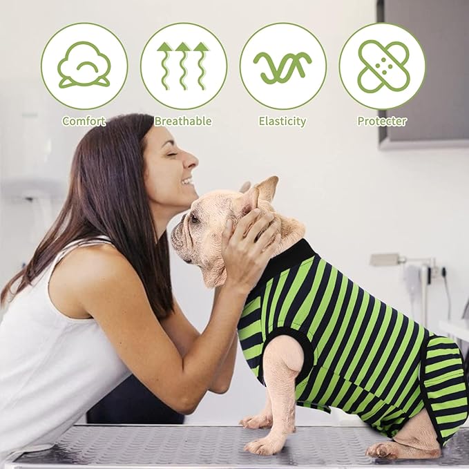 2 Packs Breathable Cotton Dog Recovery Suit for After Neuter Spay Abdominal Wounds Protector, Professional Anti-Licking Onesies for Male Female Pets Surgery Bandages, M Blue & Green Stripes