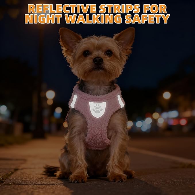 KOOLTAIL Plush Small Dog Harness and Leash Set, Warm Fleece No Pull Puppy Vest for Winter, Lightweight Reflective Step in Pet Harness for Medium Sized Dogs Boy Girl Outdoor Walking Cute Soft, Pink S