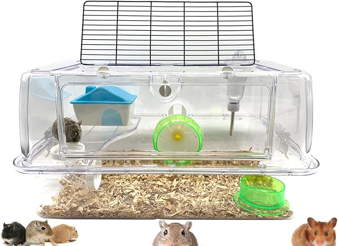 2-Tiers Acrylic Clear Hamster Mouse Deluxe Palace House Habitat with Large Running Wheel Water Bottle Tower Food Bowl Hide House Deep Base Ground Expansion Outlet