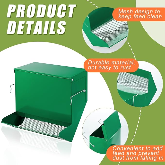 Maxcheck 2 Pcs Rabbit Feeder for Cages Small Animal Food Pellet Dispenser with Lid Metal Chicken Grit Oyster Shell Squirrel Feeders Outside(7.7 Inches,Mesh Bottom,Green)