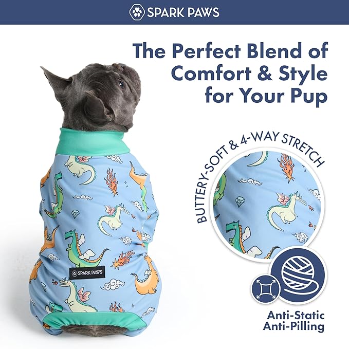 Spark Paws Dog Pajama, Dog Recovery Suit Male, Onesie, Ultra-Soft and 4-Way Stretch, for Small Medium and Large Breeds - Dragons - 5XL