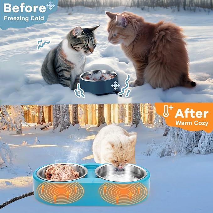 Heated Cat Bowl – Double Removable Stainless Steel Bowls, Freeze-Proof Water & Food, Overheat Protected, Chew-Resistant Cord, UL Listed