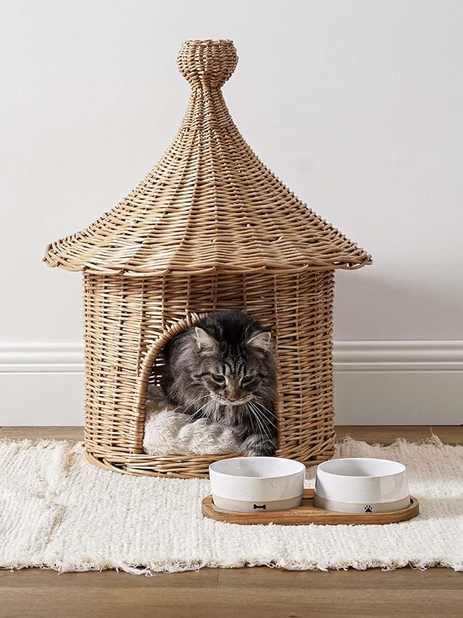 LE TAUCI PET Ceramic Dog and Cat Bowls Set with Acacia Wood Tray - 2 Cup Weighted Non-Slip Food and Water Dishes for Small Dogs & Cats, Pet Bowl Set of 2
