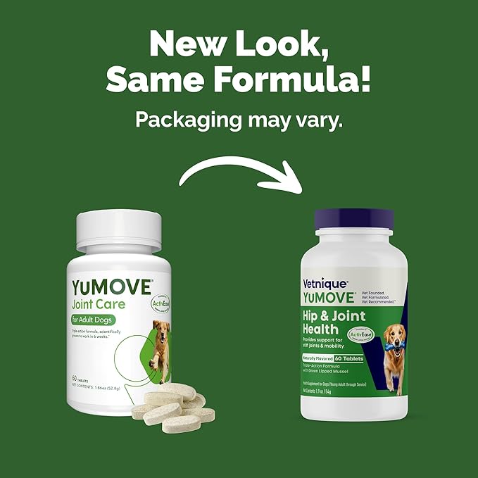 YuMOVE Dog Hip & Joint Supplement, Regular or Advanced Strength - ActivEase Green Lipped Mussel, Glucosamine, Hyaluronic Acid & Omega 3 - Chewable Tablets (60ct Chewable Tablets, Regular Strength)