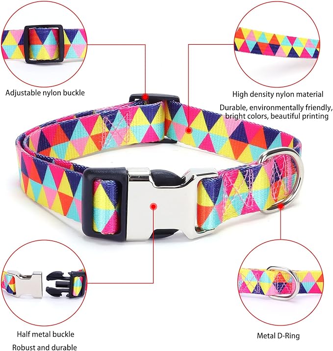Dog Collar and Leash Set, Pretty Design Print Colorful Geometric Triangle Pet Collars for Small Medium Large Breed Female Dogs Girls Cats, L