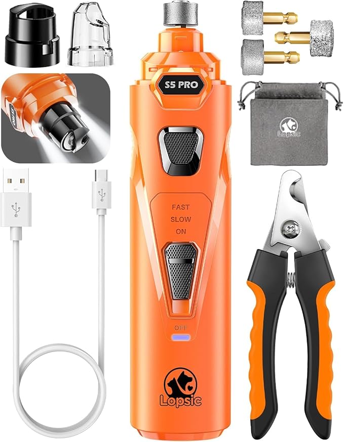Whisper Quiet Dog Nail Grinder with LED Light, Safe & Stress-Free for Sensitive Dogs of All Breeds & Sizes, 3 Grinding Bits, 3-Speed, Pet Nail Trimmers, Rechargeable Painless Grooming Kit Orange