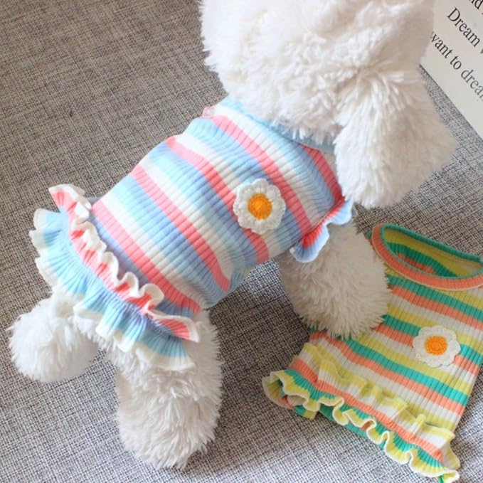 Dog Rainbow Stripe Dress Summer Cat Outfits Soft Breathable Cotton Outfits Clothes for Small Medium X-L XX-L Girls Puppy Lightweight Pet Dresses