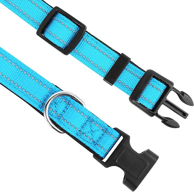 Reflective Dog Collar, Adjustable Soft Neoprene Padded Nylon Pet Collars with Buckle for Large Dogs, Sky Blue,L