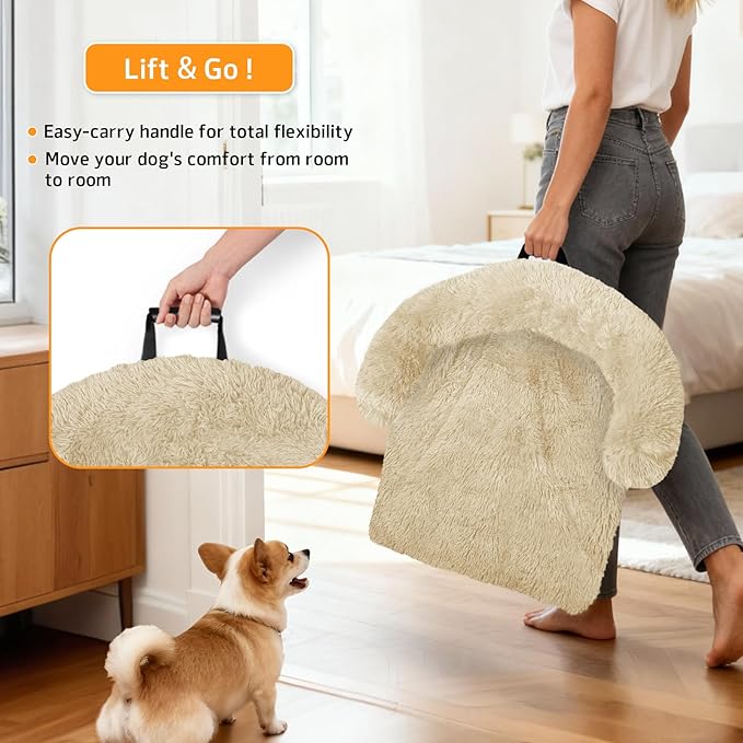 Calming Dog Bed Fluffy Plush Dog Mat for Furniture Protector with Removable Washable Cover for Large Medium Small Dogs and Cats (Large, Beige)