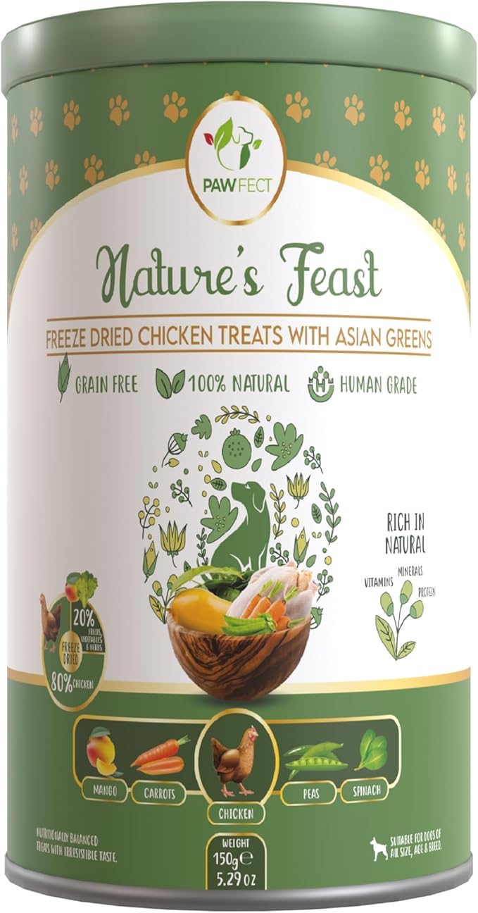 Pawfect Nature's Feast Freeze-Dried Chicken Treats with Asian Greens for Dogs - 80% Chicken, 20% Veggies & Fruits-100% Natural- Grain-Free-High Protein- Limited Ingredient Training Treat(150g/5.29oz)