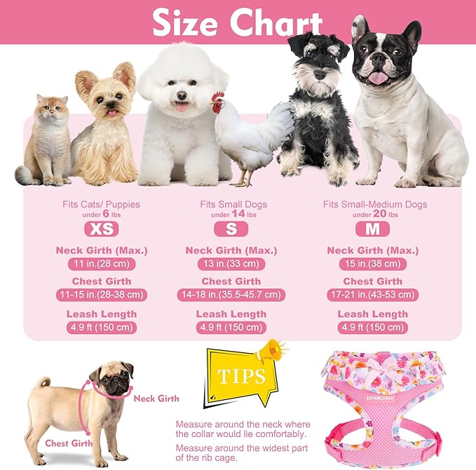 EXPAWLORER Cute Dog Harness Collar Leash Set - Pink Girl Dog Harness Checkered Step-in Design, Adjustable No-Choke Lightweight Mesh Vest for Cats Puppy Small Dogs, Flower XS