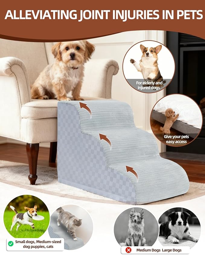 Dog Stairs Ramp for Couch 15.7" H, 3-Step Pet Stairs for Small Dogs with High Density Foam, Dog Slope Stairs with Durable Non-Slip Bottom for Puppy Grey