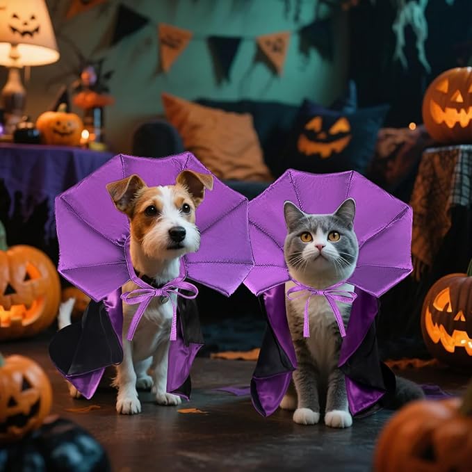 QKURT Cat Vampire Cloak-Pet Halloween Costumes, Dogs Cats Cape, Pet Cosplay Vampire Cloak & Accessories Costume Outfit for Halloween Party (Purple,S)