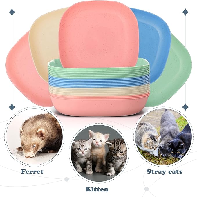 Tioncy 24 Pcs Fatigue Relief Cat Bowl 5.7 Inch Shallow Cat Food Dish Wide and Small Pet Wet Feeding Bowl for Kitten Short Legged Kitten Ferrets Feral Small Animals(Blue, Green, Pink, Beige,Classic)