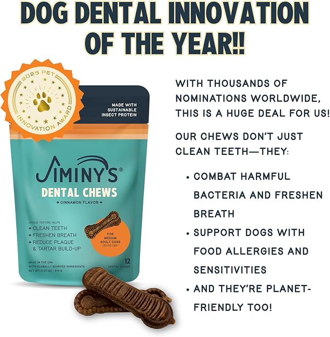 Jiminy's Dental Chews for Dogs, Cinnamon Flavor, Scientifically Proven to Improve Oral Health, Dental Bones Clean Teeth, Fight Bad Breath, and Removes Plaque and Tartar, Medium, 12ct (Pack of 6)