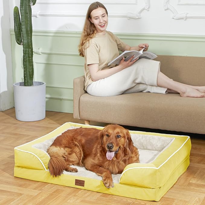 Comfort Expression Orthopedic Dog Bed for Extra Large Dogs 53x42 Inch, Waterproof Egg Crate Foam XXL Pet Bed with Removable Bolsters, Dog Couch with Washable Cover & Non-Slip Bottom, Spicy Mustard