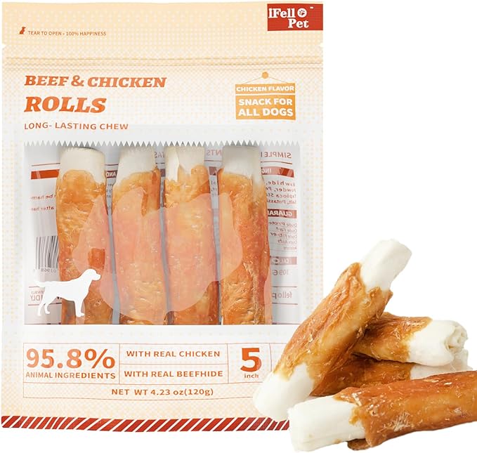 Dog Treats Chews, Chicken Wrapped Rawhide Sticks - Dog Snacks, High Protein, Free Grain & for Medium Large Dogs, 4.23 oz(4 Count)