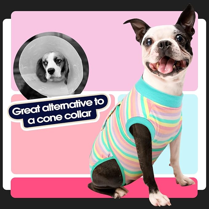 FUAMEY Recovery Suit for Dogs After Surgery,Soft Breathable Dog Bodysuit E-Collar & Cone Alternative Surgical Suit,Male Female Dog Neuter Spay Suits Anti Licking Wounds Onesie Mint Green Stripes S