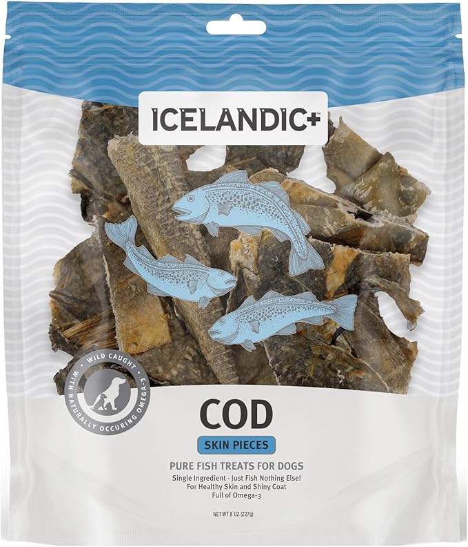 Icelandic+ Cod Skin Pieces - 8oz Bag - Pure Fish Dog Treats, Wild- Caught & Air-Dried, Single Ingredient Snacks, Pet Chews, Just The Fish Nothing Else