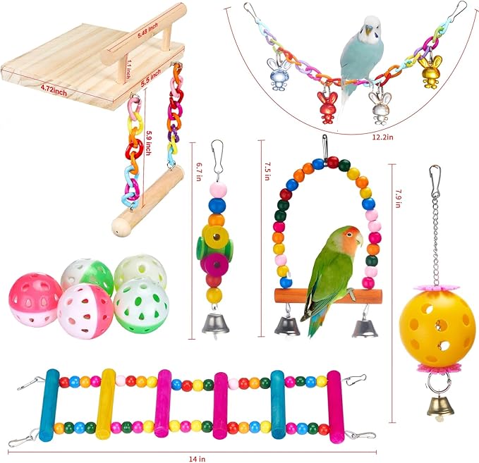 FrgKbTm 11Pcs Bird Platform Stands Swing Hanging Chewing Toy Parrot Climbing Ladder Colorful Bird Cage Toys for Parakeet, Conure, Cockatiel, Love Birds, Finches