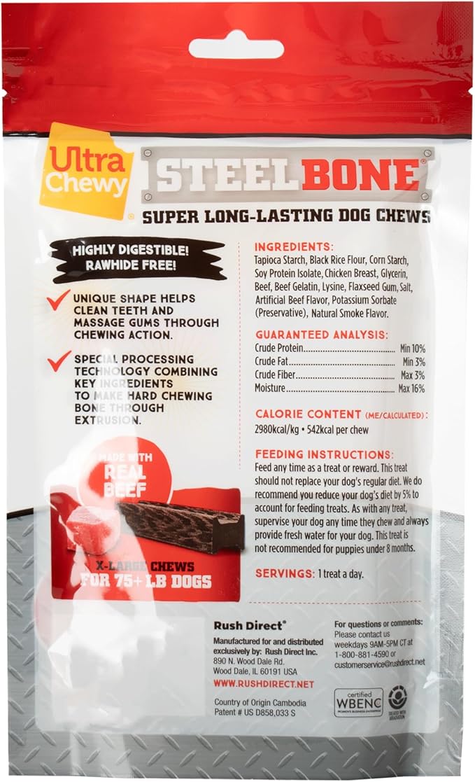 Ultra Chewy Steel Bones X-Large Size Beef Flavor - Super Long Lasting Dog Chews - Rawhide Free & Highly Digestible - Unique Shape Helps Clean Teeth - Ideal Dog Bones for Aggressive Chewers
