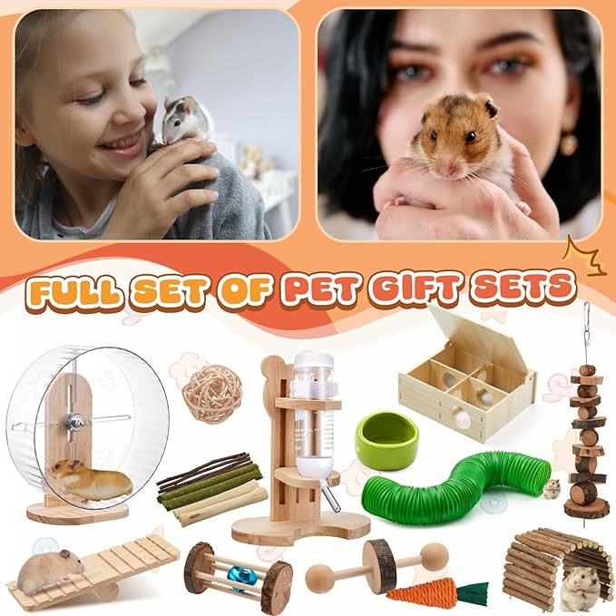 20 Pcs Hamster Toys Set, 16 Small Animal Chewing Toys, Maze Wood House, Silent Exercise Running Wheels and Water Bottle Set Feeding Bowl for Hamster Habitat Rat Cage Accessories(Green)