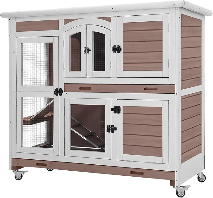Aivituvin Rabbit Hutch Indoor Bunny Cage with Wheels Outdoor Rabbit Cage Two Story Guinea Pig Cage with No Leak Tray 47 inch