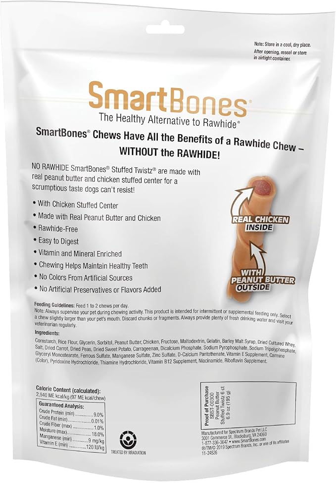 SmartBones Stuffed Twistz with Peanut Butter 6 Count, Rawhide-Free Chews for Dogs, No Artificial Preservatives or Flavors Added (SBST-00300)