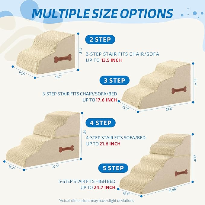 Dog Stairs for Small Dogs and Cats, 2 Steps Pet Stairs to Get on Couch Sofa and Chair, Indoor Non-Slip Balanced Portable Pet Step, High-Density Foam Ramp with Removable Washable Cover, Beige（11.8" H）