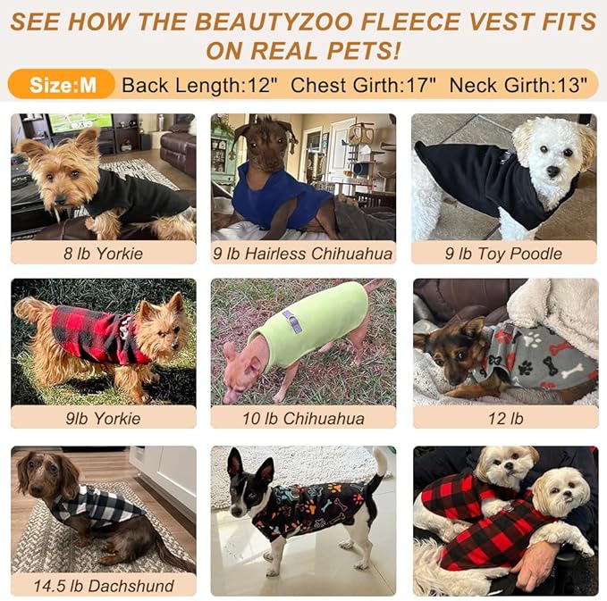 BEAUTYZOO Small Dog Sweater Fleece Vest Winter Jacket, D-Ring Leash Attachment for XS S Puppy Medium Sized Breeds Dogs, Cold Weather Dog Clothes Windproof Keep Warm, Black Bones Paw M