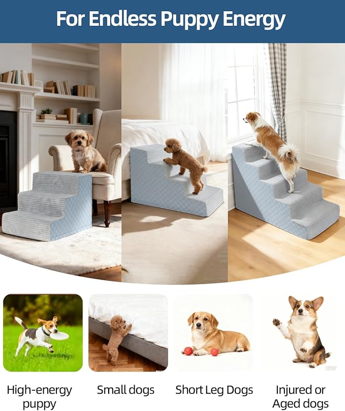 Vfrog Dog Stairs for Small Dogs,17.5" H,4-Step Dog Steps Ramp for Bed and Couch with High Density Foam,Non-Slip Pet Steps for Dogs and Cats,Pet Stairs with a Washable Cover,Grey