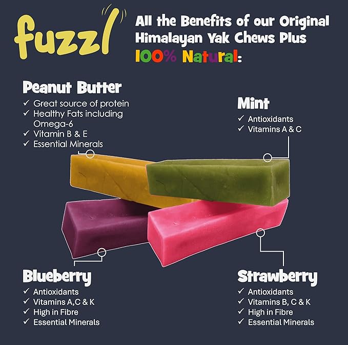 Yak Cheese Chews Blueberry, Strawberry, Peanut Butter, Mint Medium Pack 4 - Himalayan Yak Chews for Dogs - Natural Dog Chew