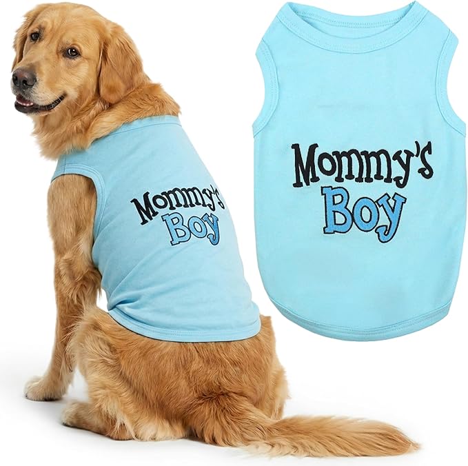 Parisian Pet Dog Shirt for Mother's Day – 100% Cotton Shirts for Large Dogs – Blue Sleeveless Puppy Clothes – Lightweight and Breathable Dog Apparel – Boy Dogs Clothes - Stretchy Mommy’s Boy Pet Shirt
