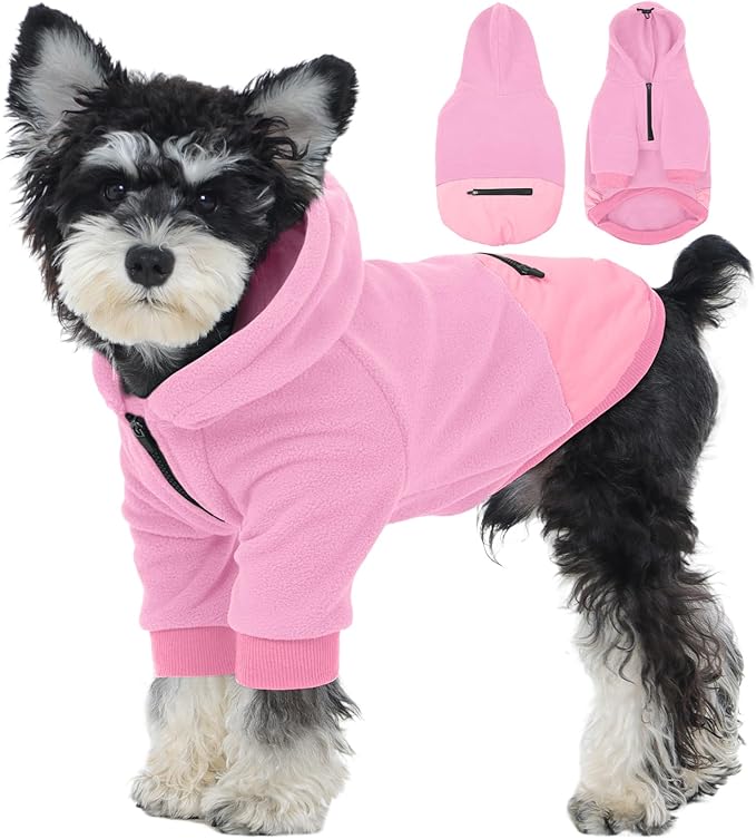 Nanaki Dog Hoodie for Small Dogs Girl Boy, Warm Fleece Dog Sweater with Hood & Pocket- Long Sleeve Sweatshirt for Fall Winter Spring, Adjustable Half-Zip Puppy Pullover Coats for Cold Weather Pink XS
