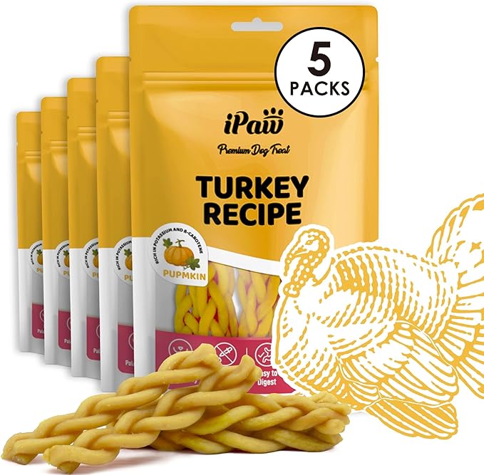 iPaw 5 Stock-Up Combo Turkey Dog Treats, All Natural Human Grade Dog Treat, Suitable for Training chew, Hypoallergenic, Rawhide Alternative, Braided Stick (Pumpkin)