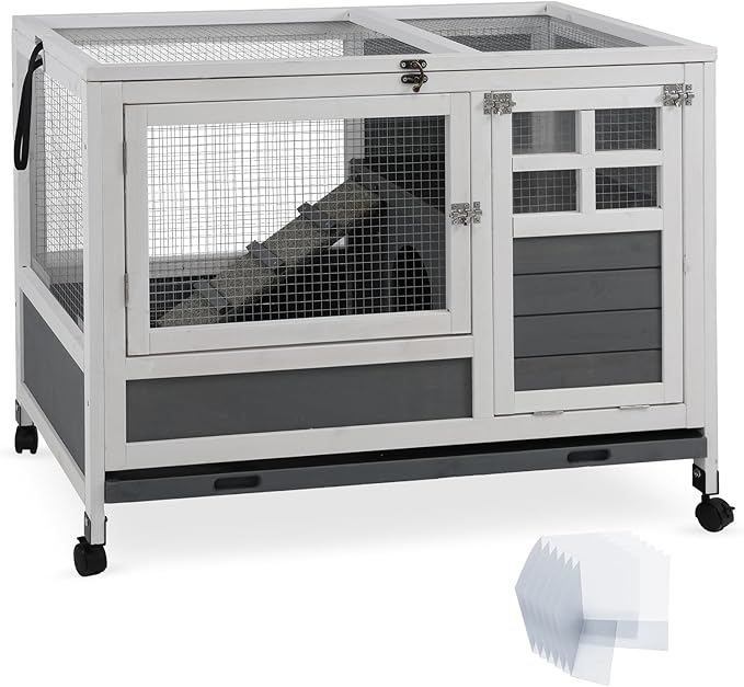 Rabbit Hutch Indoor with Chew-Proof Ramp & Leak-Proof Trays Urine Guards/Netting Floor,Doors.37 Wooden Rabbit Cage with Wheels for Rabbits, Guinea Pigs Small Animal