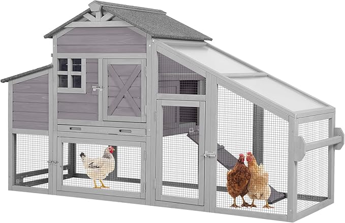 Aivituvin Chicken Coop Mobile Chicken House on Wheels Expandable Wooden Poultry Cage with Large Nesting Box Leakproof Pull-Out Tray Rabbit Hutch Bunny Cage,UV-Resistant Roof (Grey，AIR32)