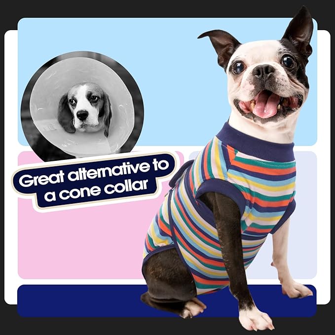 FUAMEY Recovery Suit for Dogs After Surgery,Soft Breathable Dog Bodysuit E-Collar & Cone Alternative Surgical Suit,Male Female Dog Neuter Spay Suits Anti Licking Wounds Onesie Dark Blue Stripes M