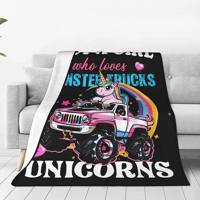 Just A Girl Who Love Trucks Unicorns Blanket Truck Unicorn Decor Throw Blanket Gifts for Girls Boys Super Warm Soft Plush Fleece Flannel Blanket Couch Bedding Blanket for Adults Kids Women Men 50"X40"