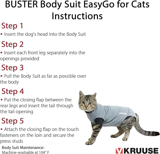 Kruuse Buster EasyGo Recovery Suit for Cats – Black/Grey (3X Small, 11.5") – Soft, Breathable Post-Surgery Bodysuit for Wound Care, Hot Spots & Incontinence – Comfortable Protection for Cats