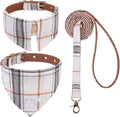 EXPAWLORER Dog Collar and Leash - Embroidery Pawprints Plaid Medium Dog Collars and Leash Set, Cute Bandana and Detachable Collar, Suitable for Small Dogs Cats Girl Boy, Cream M