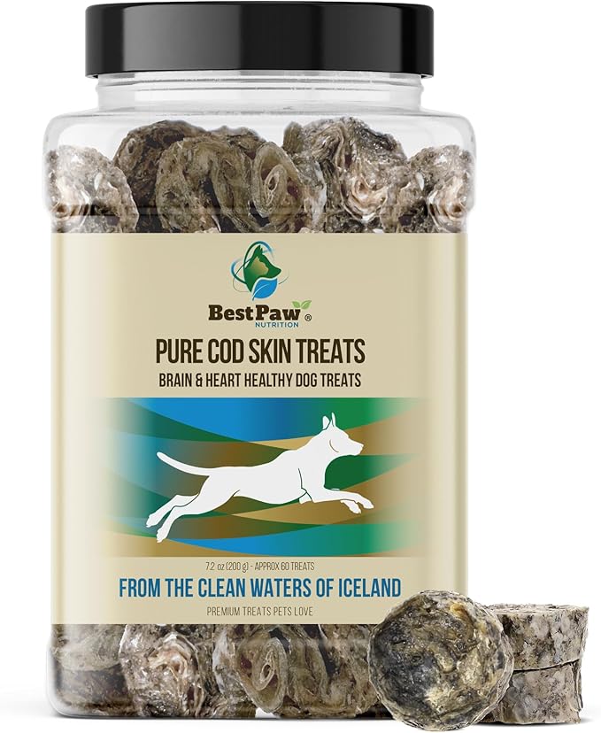 Best Paw Nutrition Wild Caught Fish Treats Icelandic Pure Cod Skins Reward Protein Snacks Rich in EPA & DHA K9 Brain Heart Skin & Coat Health Crunchy Dental Treats